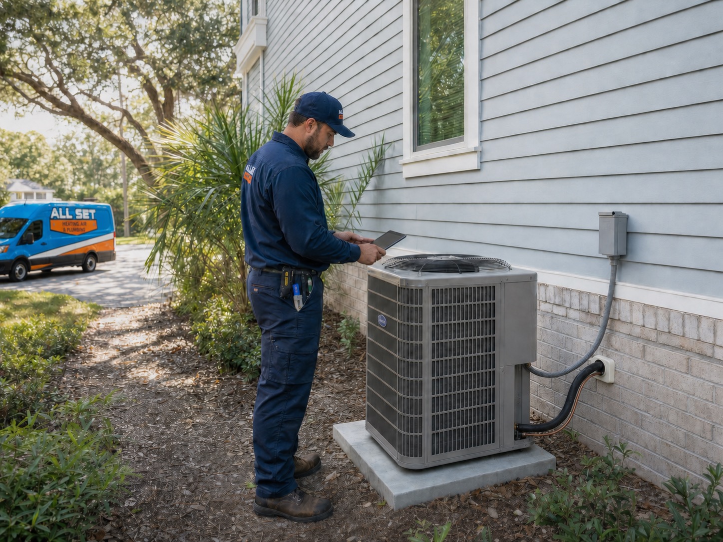 All Set technician performing HVAC service at a Northeast Florida home